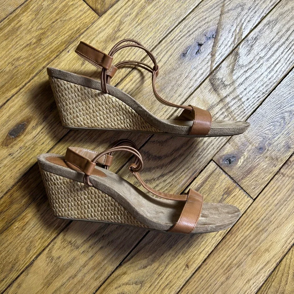 Style & Co Mulan Tan Brown T-Strap Woven Wedge Sandals Size 8.5M F42544